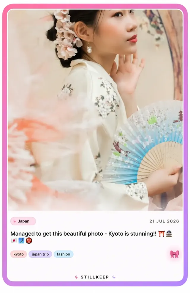 A Stillkeep photocard of a Kyoto photo with its caption and tags