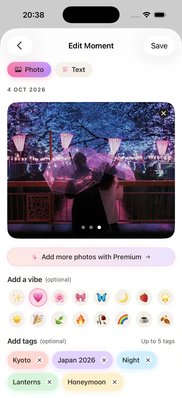 The Add Moment screen with a photo, a vibe and tags