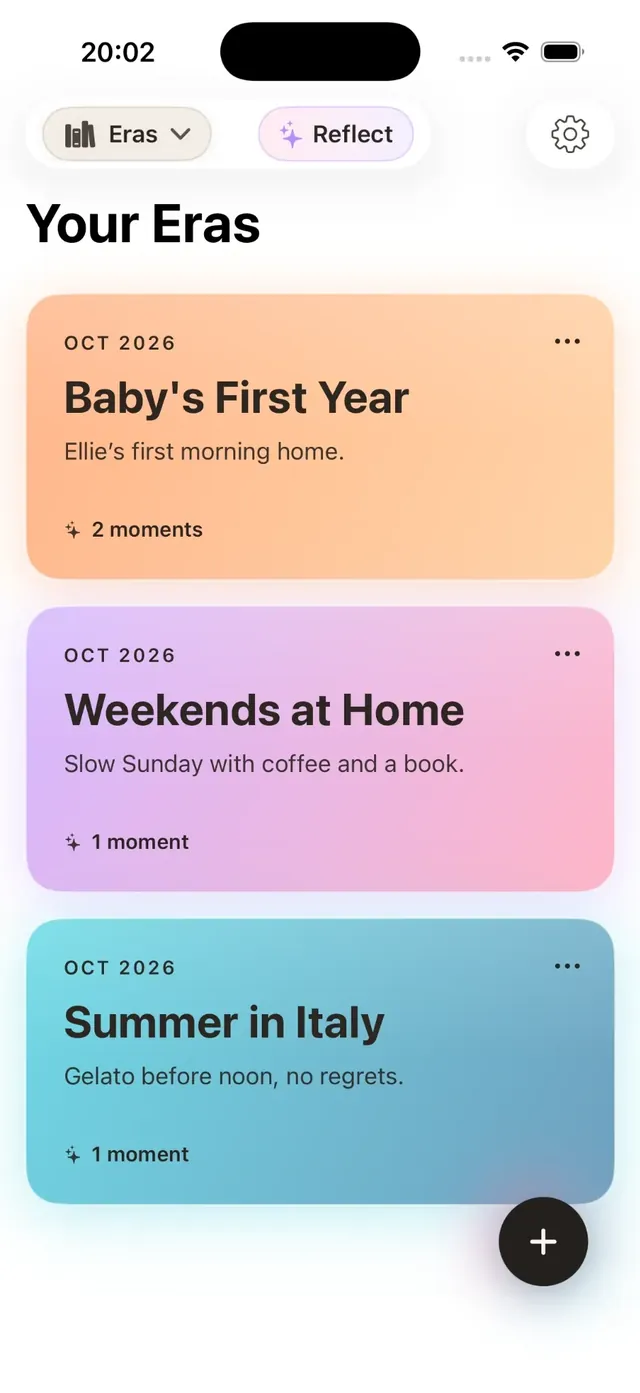 The Eras screen showing Baby’s First Year, Weekends at Home and Summer in Italy