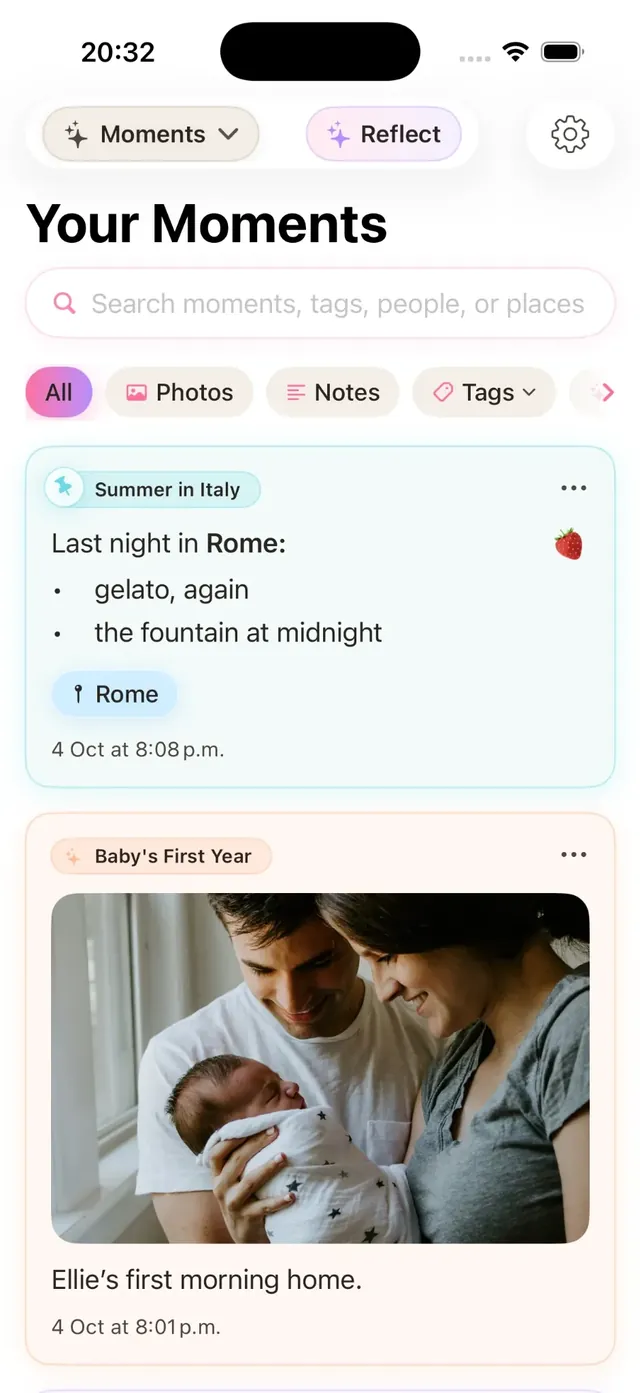 The Moments feed with search and filters